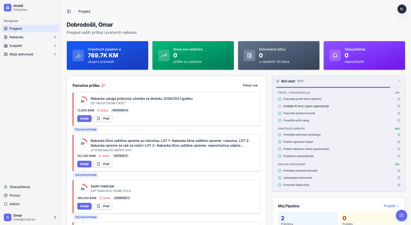 Sena dashboard — kontrolni centar