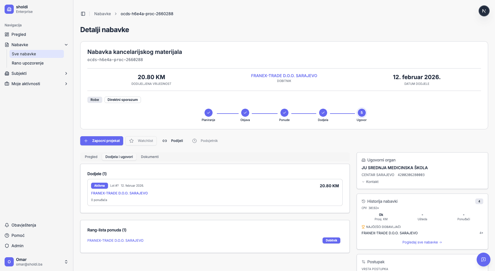 Detaljan prikaz nabavke sa timelineom
