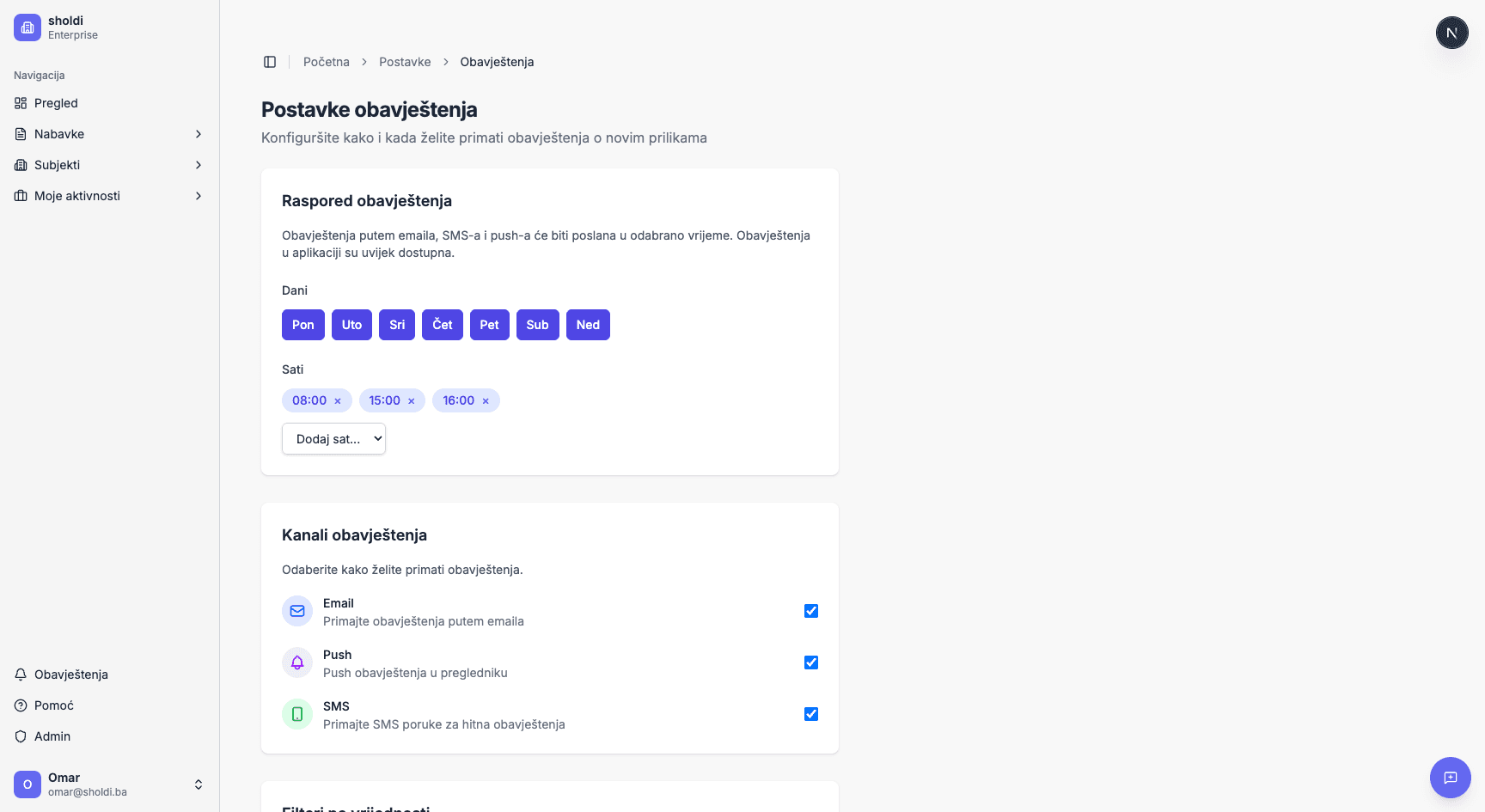 Postavke obavještenja — dani, sati, kanali